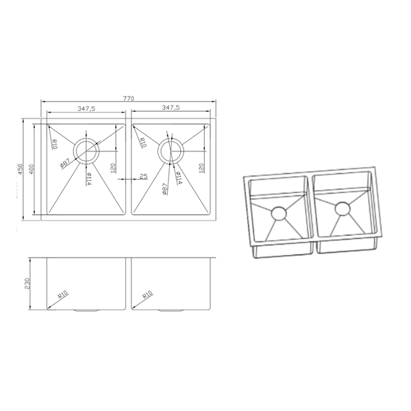 Retto 770mm x 450mm x 230mm Stainless Steel Double Sink | Brushed Brass (gold) |
