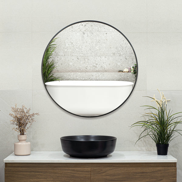 Round Mirror with Black Frame. Available 600mm, 750mm, 900mm, 1000mm