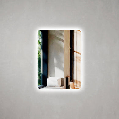 *Clearance* Retti Rectangular 600mm x 750mm Backlit LED Frameless Mirror with Polished Edge, Rounded Corners and Demister