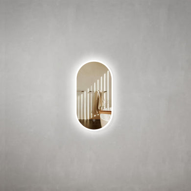 *Clearance* Pill Oval 400mm x 750mm Frontlit and Backlit LED Frameless Mirror with Frosted Glass Border and Demister