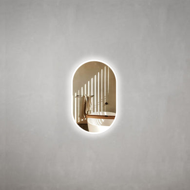 Pill Oval 500mm x 800mm Frontlit and Backlit LED Frameless Mirror with Frosted Glass Border and Demister