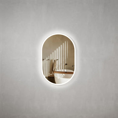 *Clearance* Pill Oval 600mm x 900mm Frontlit and Backlit LED Frameless Mirror with Frosted Glass Border and Demister