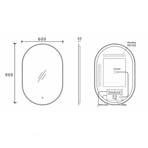 Pill Oval 600mm x 900mm LED Mirror with Frosted Glass Border and Demister