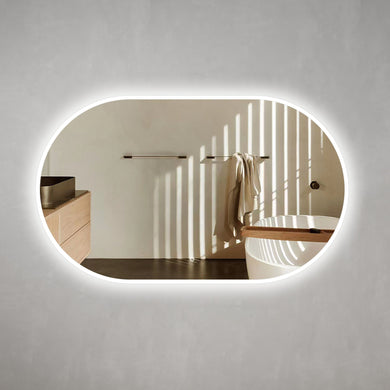 *Clearance* Pill Oval 1500mm x 900mm Frontlit and Backlit LED Frameless Mirror with Frosted Glass Border and Demister