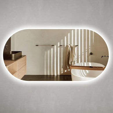 *Clearance* Pill Oval 1800mm x 900mm Frontlit and Backlit LED Frameless Mirror with Frosted Glass Border and Demister