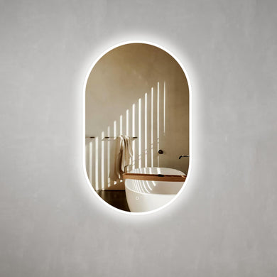 Pill Oval 600mm x 1200mm Frontlit and Backlit LED Frameless Mirror with Frosted Glass Border and Demister