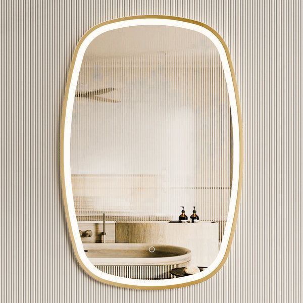 Riri Oblong Frontlit LED Mirror with Brushed Brass (Gold) Frame and Demister | 2 sizes available, 500mm and 600mm |