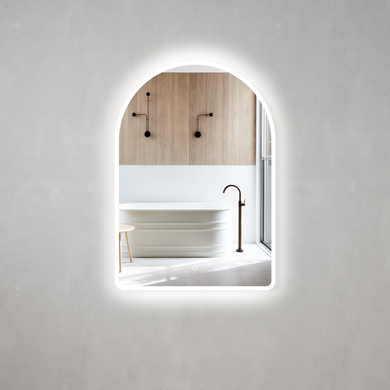 *Clearance* Arco Arch 700mm x 1000mm Frontlit and Backlit LED Frameless Mirror with Frosted Glass Border and Demister