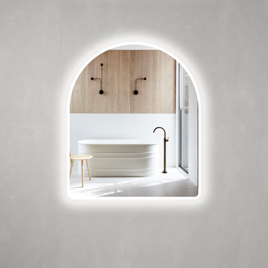 Arco Arch 850mm x 1000mm Frontlit and Backlit LED Frameless Mirror with Frosted Glass Border and Demister