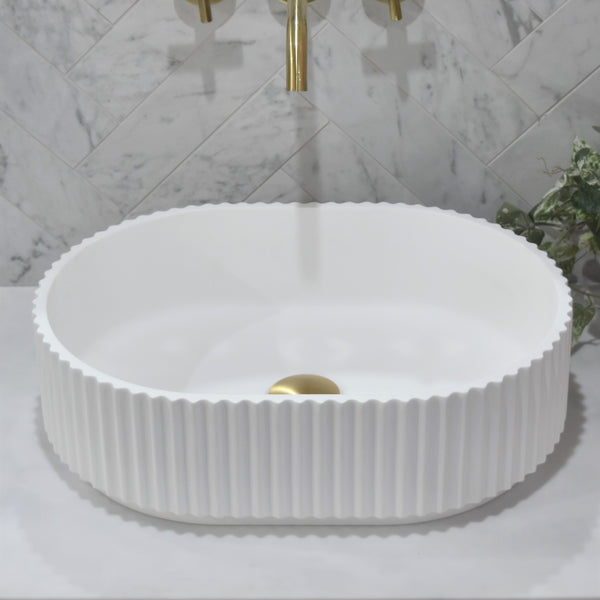 Stadio Groove 480mm Fluted Oval Artificial Stone Above-Counter Basin | Matte White |