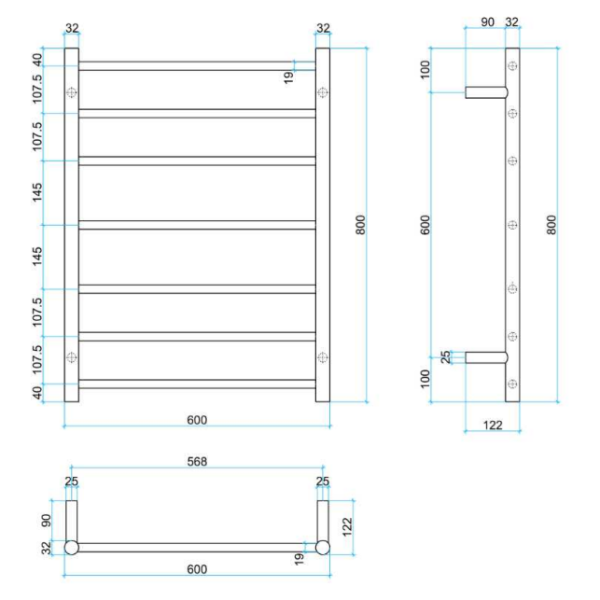 Thermogroup 7 Bar Thermorail Round Heated Towel Ladder 600mm | Satin W —  ATS Tiles u0026 Bathrooms