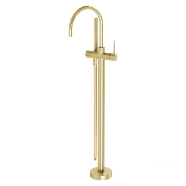 Phoenix Vivid Slimline Floor Mounted Bath Mixer with Hand Shower, Brushed Gold