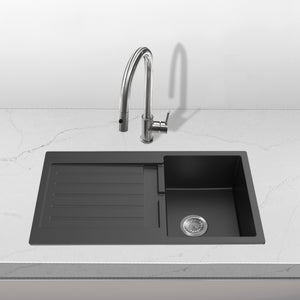 Volca 860mm x 440mm x 216mm Quartz Sink with Drainer | Black | *Clearance Stock*