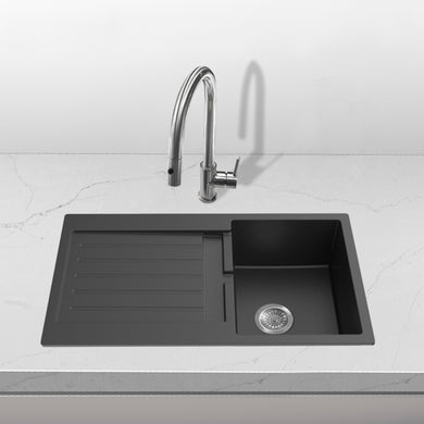 Volca 860mm x 500mm x 216mm Quartz Sink with Drainer | Black | *Clearance Stock*